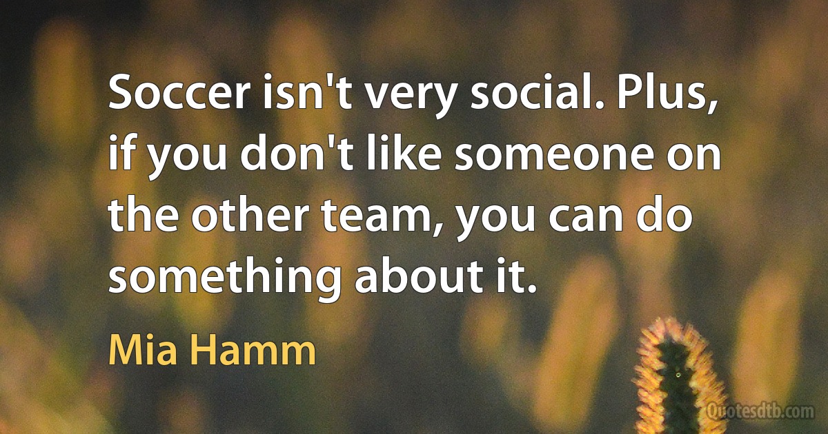 Soccer isn't very social. Plus, if you don't like someone on the other team, you can do something about it. (Mia Hamm)