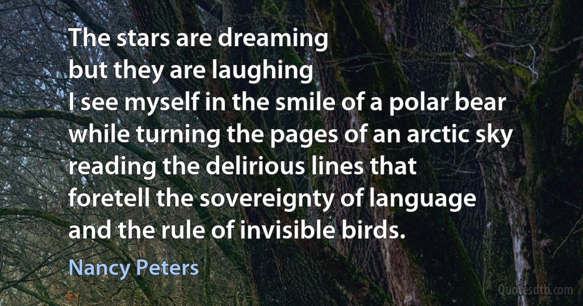 The stars are dreaming
but they are laughing
I see myself in the smile of a polar bear
while turning the pages of an arctic sky
reading the delirious lines that
foretell the sovereignty of language
and the rule of invisible birds. (Nancy Peters)