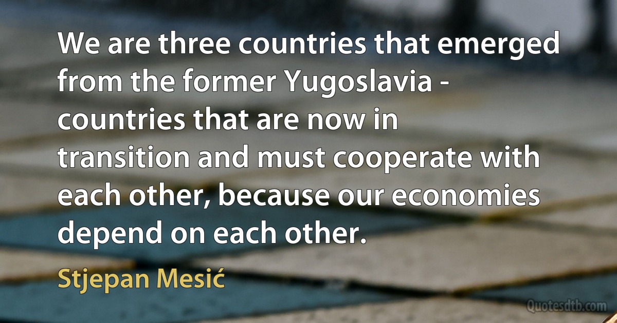 We are three countries that emerged from the former Yugoslavia - countries that are now in transition and must cooperate with each other, because our economies depend on each other. (Stjepan Mesić)