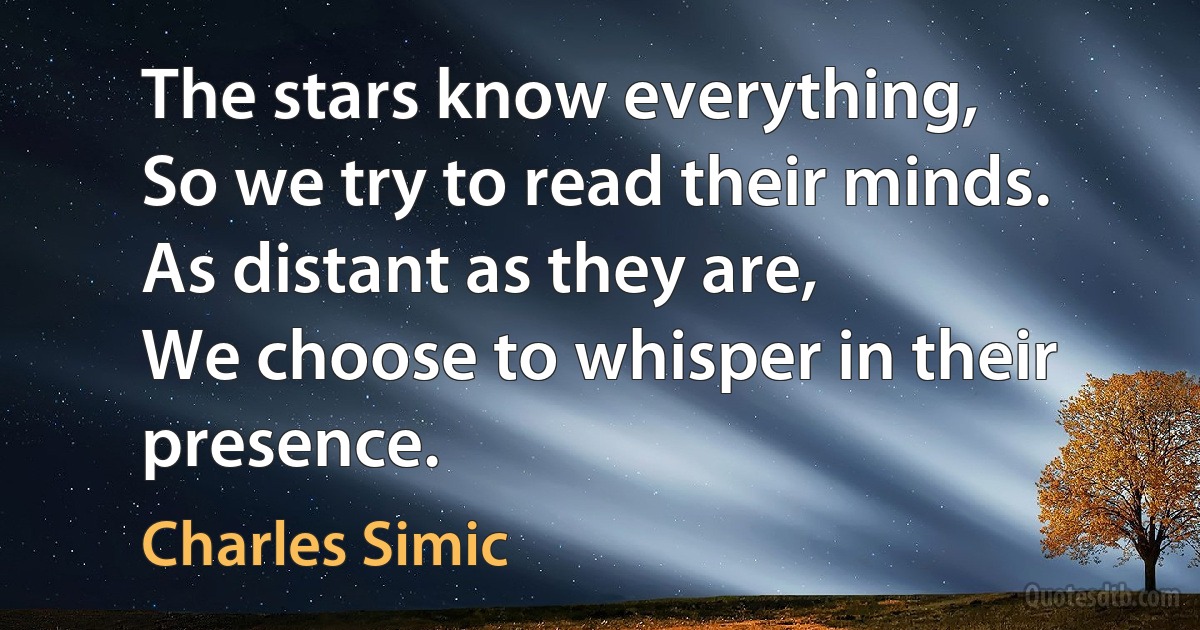 The stars know everything,
So we try to read their minds.
As distant as they are,
We choose to whisper in their presence. (Charles Simic)