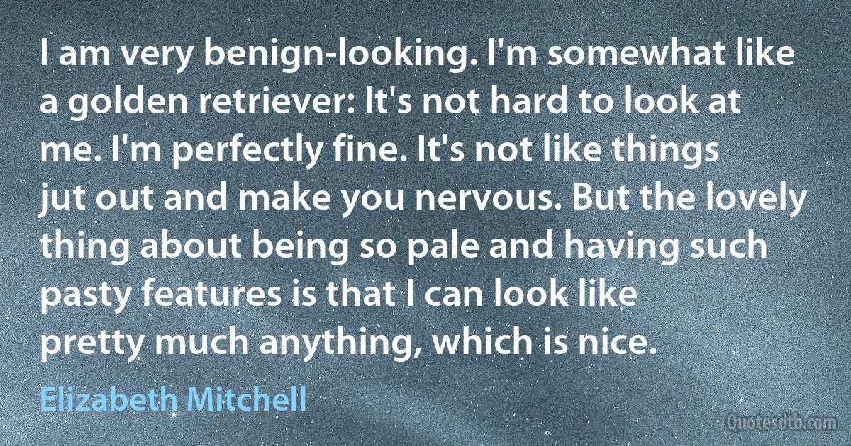 I am very benign-looking. I'm somewhat like a golden retriever: It's not hard to look at me. I'm perfectly fine. It's not like things jut out and make you nervous. But the lovely thing about being so pale and having such pasty features is that I can look like pretty much anything, which is nice. (Elizabeth Mitchell)