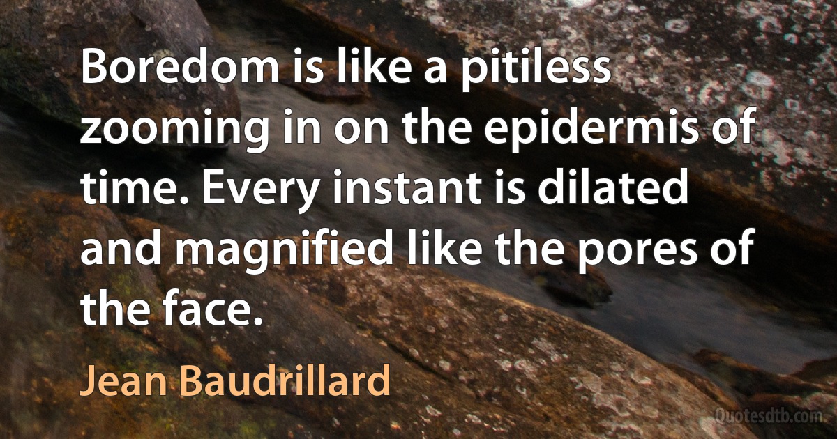 Boredom is like a pitiless zooming in on the epidermis of time. Every instant is dilated and magnified like the pores of the face. (Jean Baudrillard)