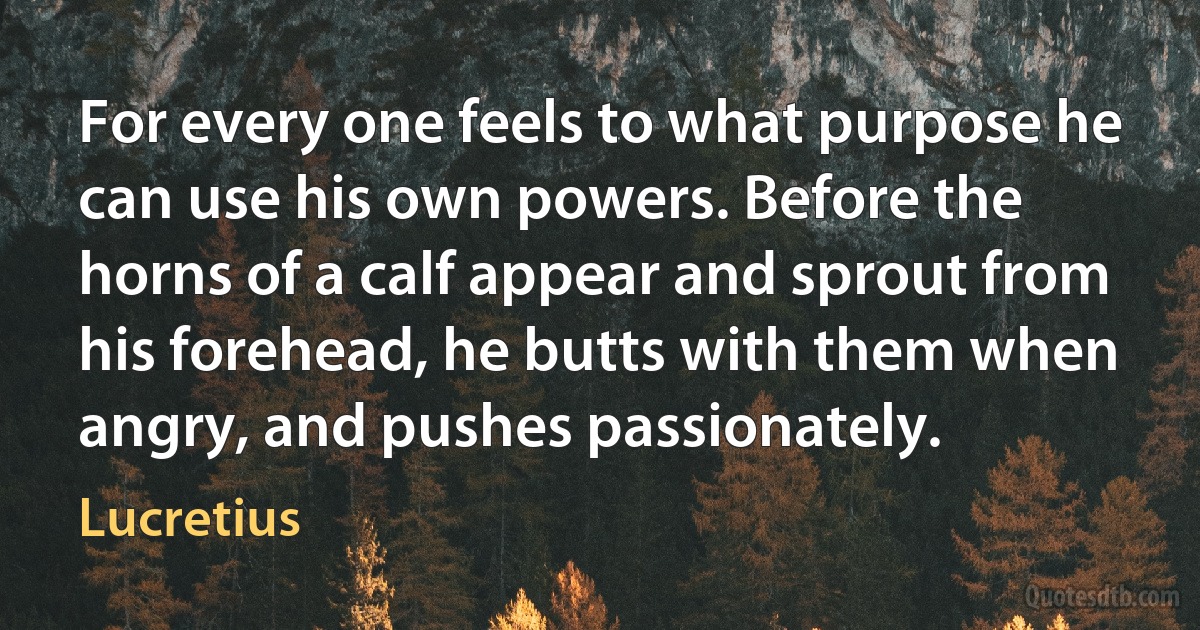 For every one feels to what purpose he can use his own powers. Before the horns of a calf appear and sprout from his forehead, he butts with them when angry, and pushes passionately. (Lucretius)