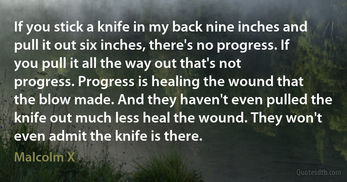 If you stick a knife in my back nine inches and pull it out six inches, there's no progress. If you pull it all the way out that's not progress. Progress is healing the wound that the blow made. And they haven't even pulled the knife out much less heal the wound. They won't even admit the knife is there. (Malcolm X)