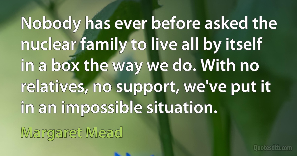 Nobody has ever before asked the nuclear family to live all by itself in a box the way we do. With no relatives, no support, we've put it in an impossible situation. (Margaret Mead)