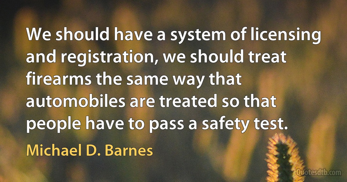 We should have a system of licensing and registration, we should treat firearms the same way that automobiles are treated so that people have to pass a safety test. (Michael D. Barnes)