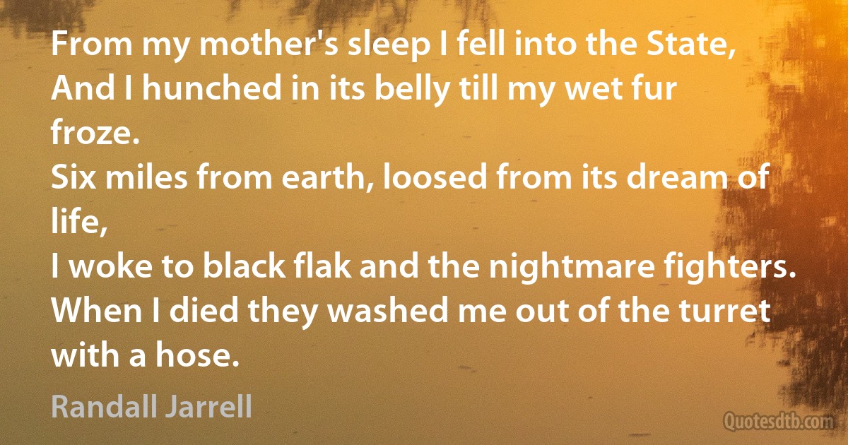 From my mother's sleep I fell into the State,
And I hunched in its belly till my wet fur froze.
Six miles from earth, loosed from its dream of life,
I woke to black flak and the nightmare fighters.
When I died they washed me out of the turret with a hose. (Randall Jarrell)