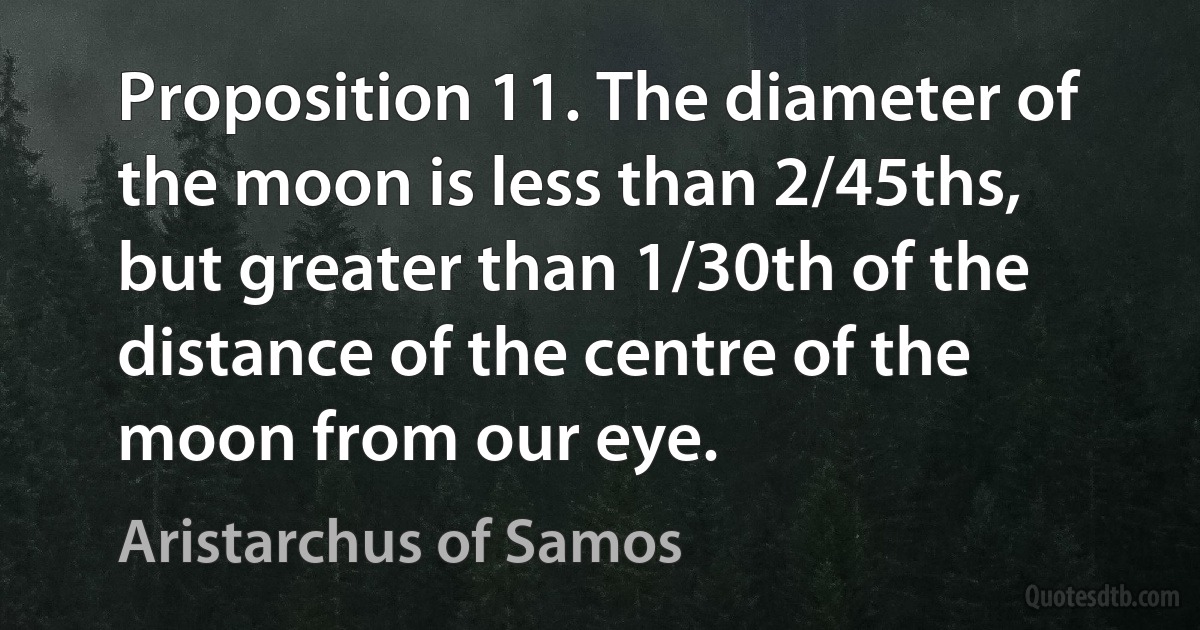 Proposition 11. The diameter of the moon is less than 2/45ths, but greater than 1/30th of the distance of the centre of the moon from our eye. (Aristarchus of Samos)