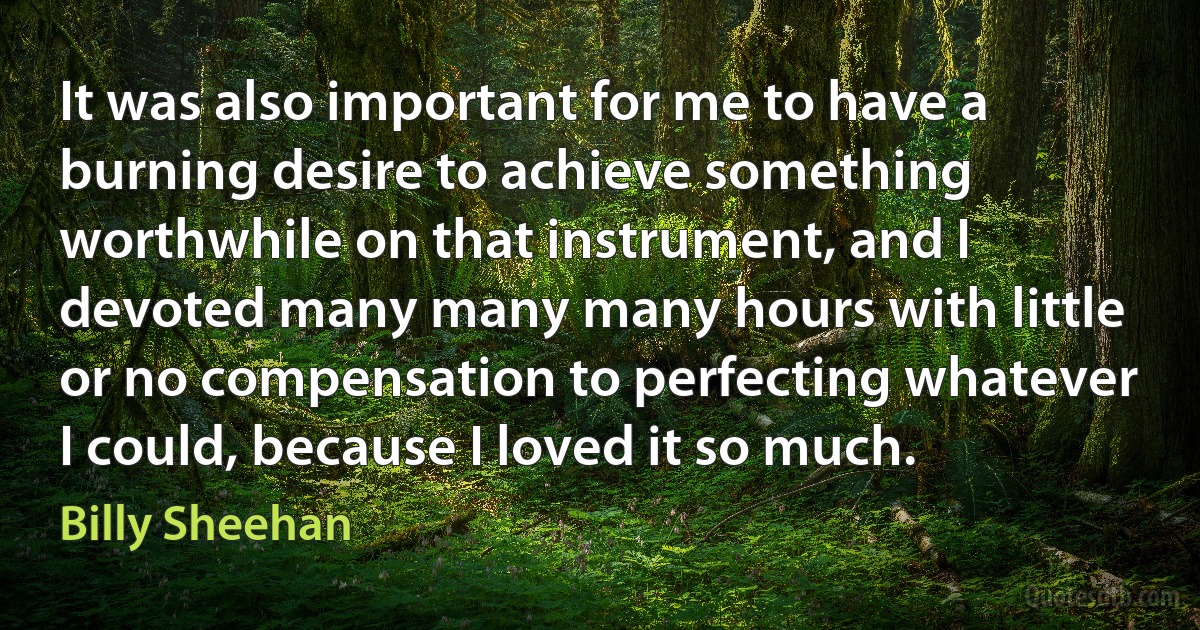 It was also important for me to have a burning desire to achieve something worthwhile on that instrument, and I devoted many many many hours with little or no compensation to perfecting whatever I could, because I loved it so much. (Billy Sheehan)