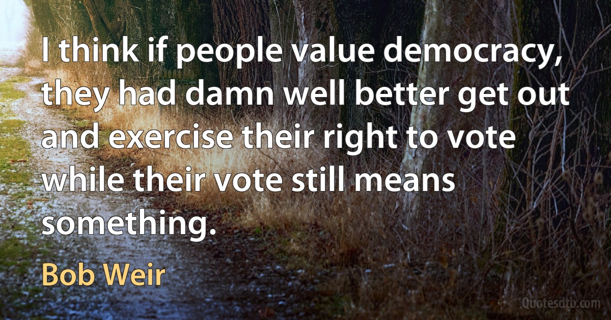 I think if people value democracy, they had damn well better get out and exercise their right to vote while their vote still means something. (Bob Weir)