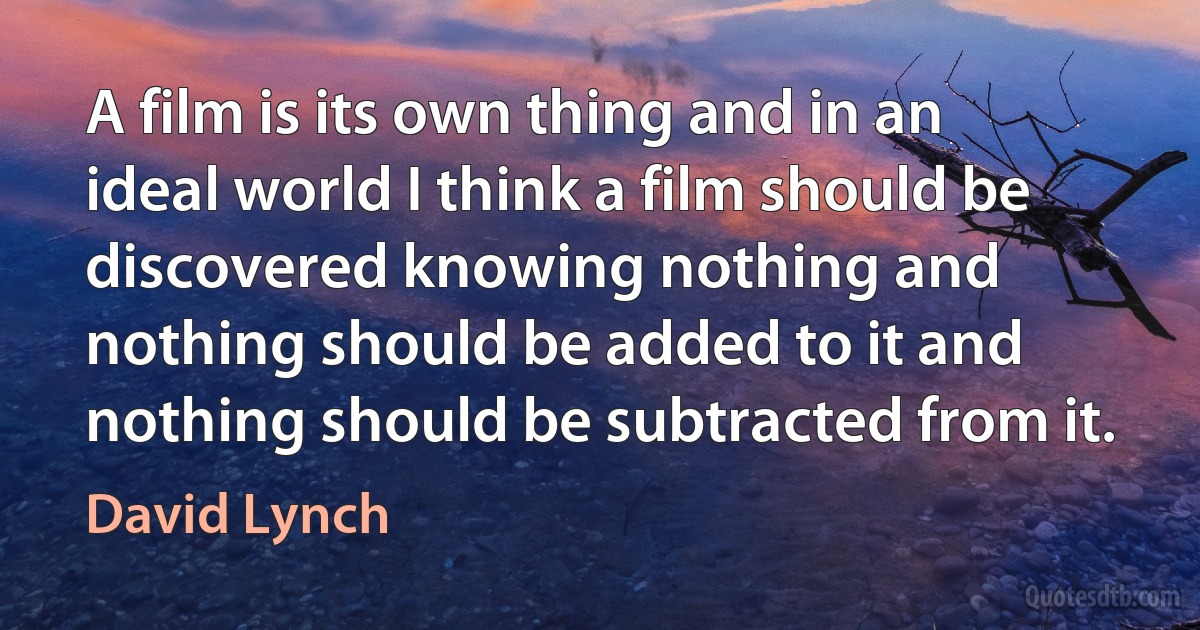 A film is its own thing and in an ideal world I think a film should be discovered knowing nothing and nothing should be added to it and nothing should be subtracted from it. (David Lynch)