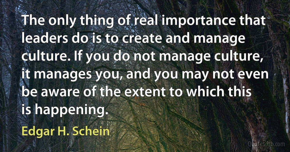 The only thing of real importance that leaders do is to create and manage culture. If you do not manage culture, it manages you, and you may not even be aware of the extent to which this is happening. (Edgar H. Schein)