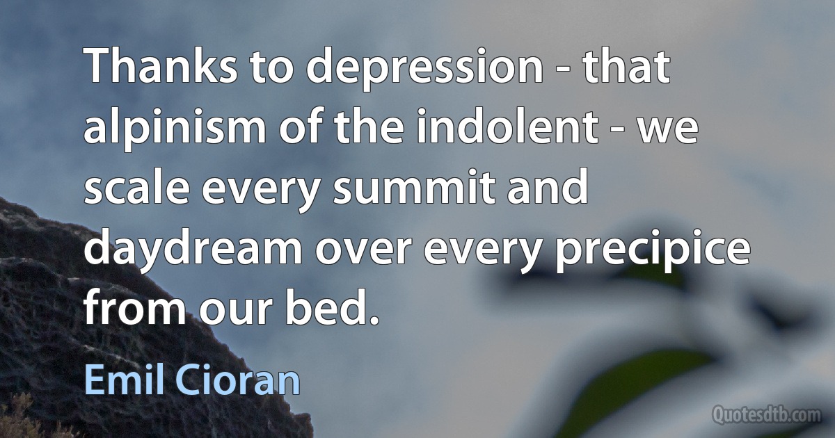 Thanks to depression - that alpinism of the indolent - we scale every summit and daydream over every precipice from our bed. (Emil Cioran)