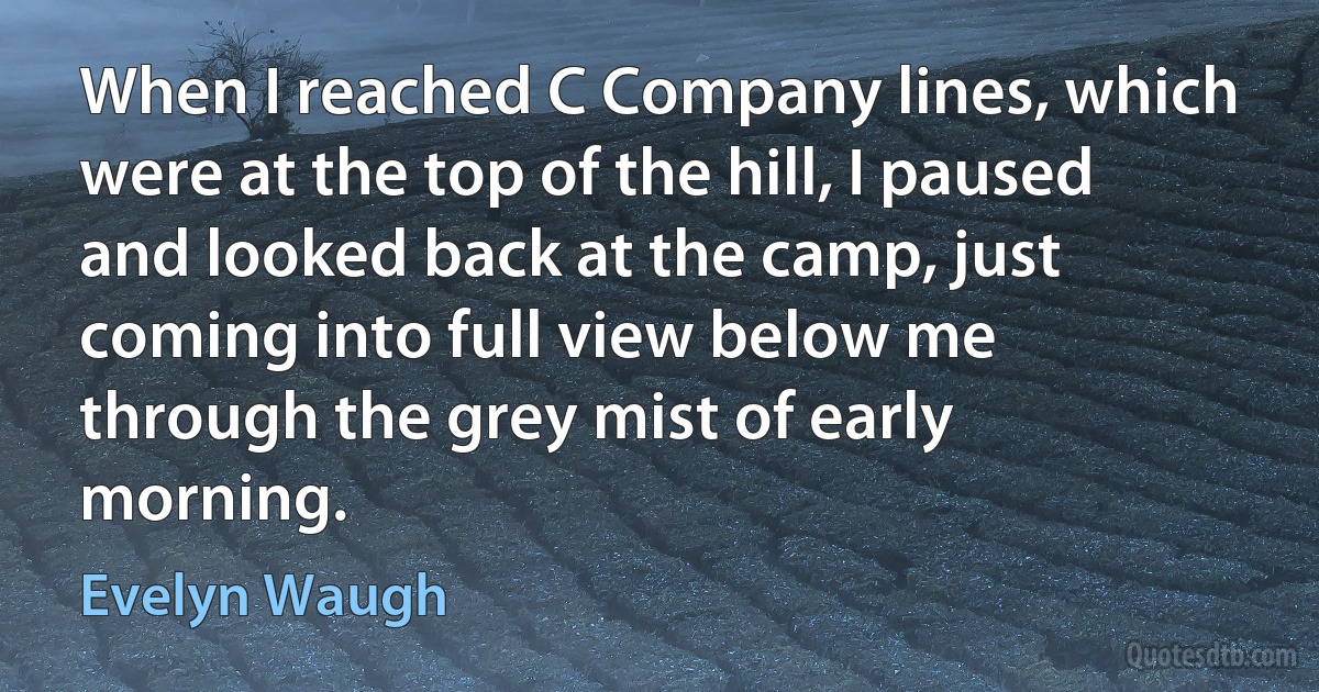 When I reached C Company lines, which were at the top of the hill, I paused and looked back at the camp, just coming into full view below me through the grey mist of early morning. (Evelyn Waugh)