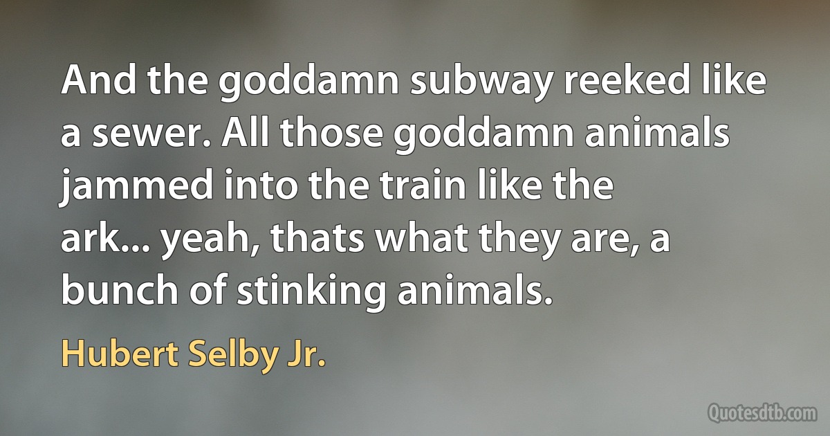 And the goddamn subway reeked like a sewer. All those goddamn animals jammed into the train like the ark... yeah, thats what they are, a bunch of stinking animals. (Hubert Selby Jr.)