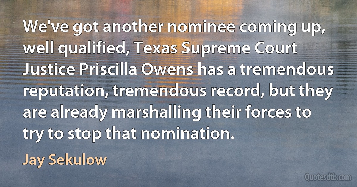 We've got another nominee coming up, well qualified, Texas Supreme Court Justice Priscilla Owens has a tremendous reputation, tremendous record, but they are already marshalling their forces to try to stop that nomination. (Jay Sekulow)