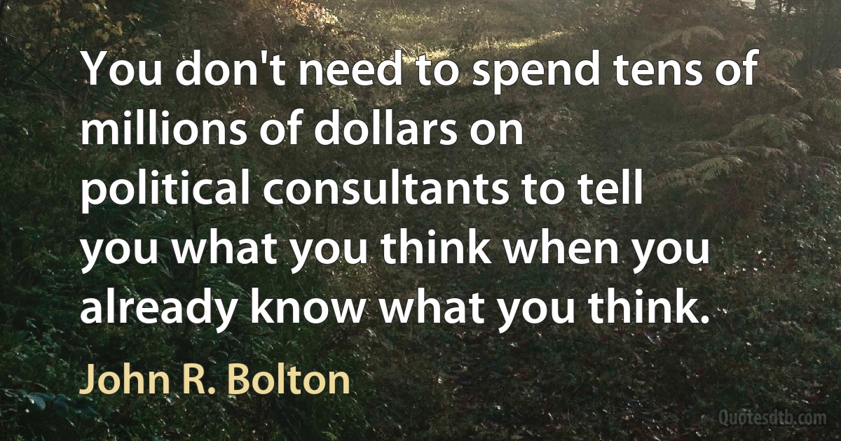 You don't need to spend tens of millions of dollars on political consultants to tell you what you think when you already know what you think. (John R. Bolton)