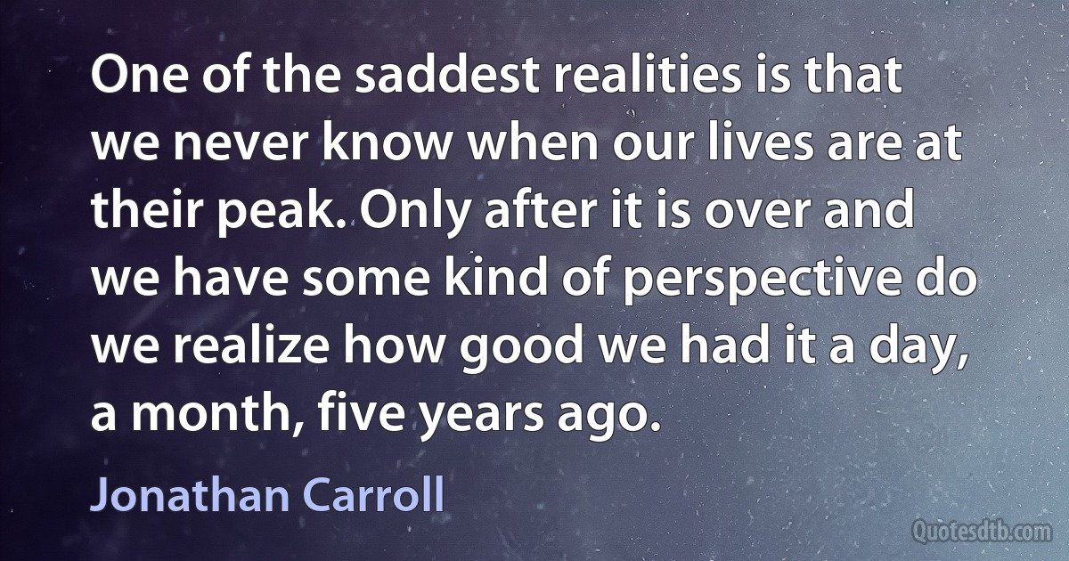 One of the saddest realities is that we never know when our lives are at their peak. Only after it is over and we have some kind of perspective do we realize how good we had it a day, a month, five years ago. (Jonathan Carroll)