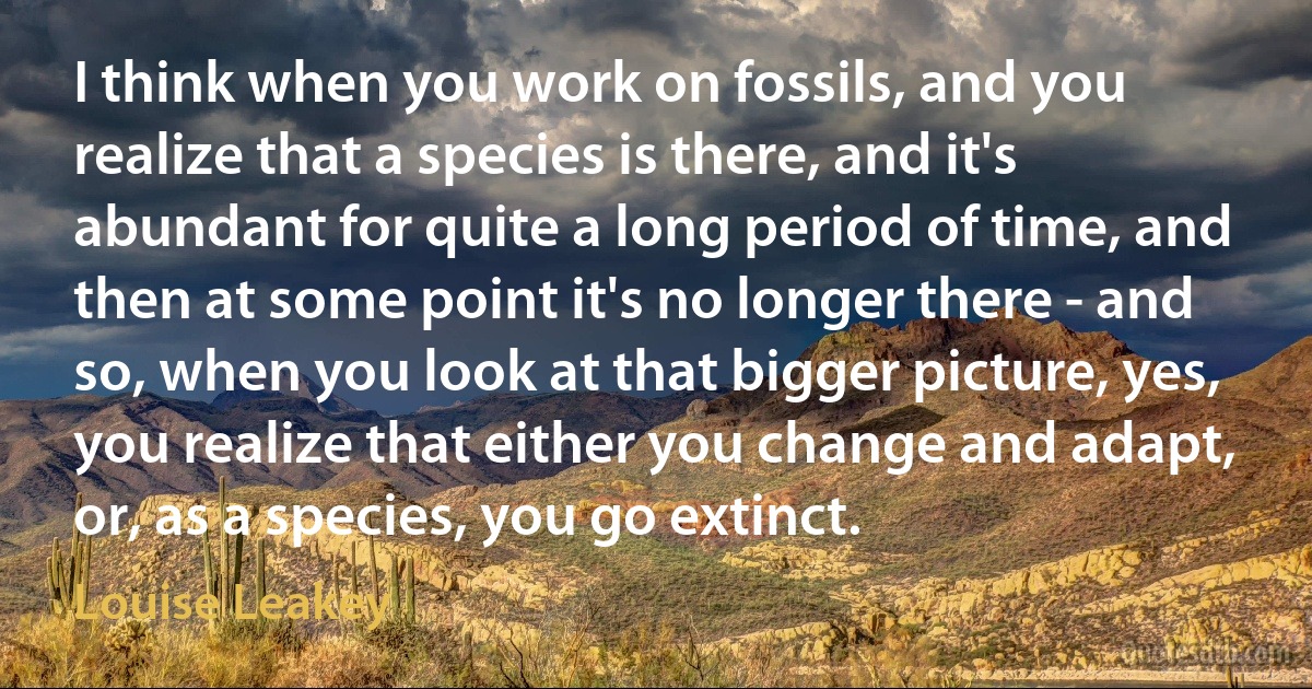 I think when you work on fossils, and you realize that a species is there, and it's abundant for quite a long period of time, and then at some point it's no longer there - and so, when you look at that bigger picture, yes, you realize that either you change and adapt, or, as a species, you go extinct. (Louise Leakey)