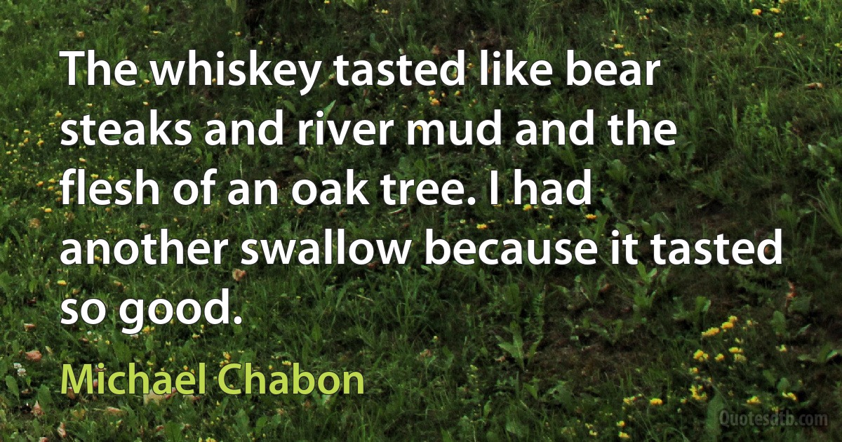 The whiskey tasted like bear steaks and river mud and the flesh of an oak tree. I had another swallow because it tasted so good. (Michael Chabon)