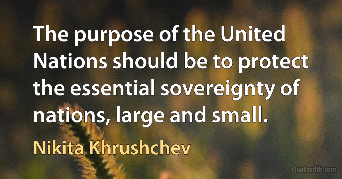 The purpose of the United Nations should be to protect the essential sovereignty of nations, large and small. (Nikita Khrushchev)