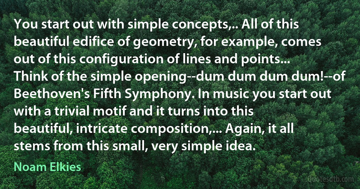 You start out with simple concepts,.. All of this beautiful edifice of geometry, for example, comes out of this configuration of lines and points... Think of the simple opening--dum dum dum dum!--of Beethoven's Fifth Symphony. In music you start out with a trivial motif and it turns into this beautiful, intricate composition,... Again, it all stems from this small, very simple idea. (Noam Elkies)