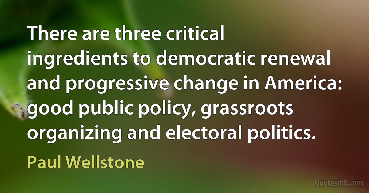 There are three critical ingredients to democratic renewal and progressive change in America: good public policy, grassroots organizing and electoral politics. (Paul Wellstone)