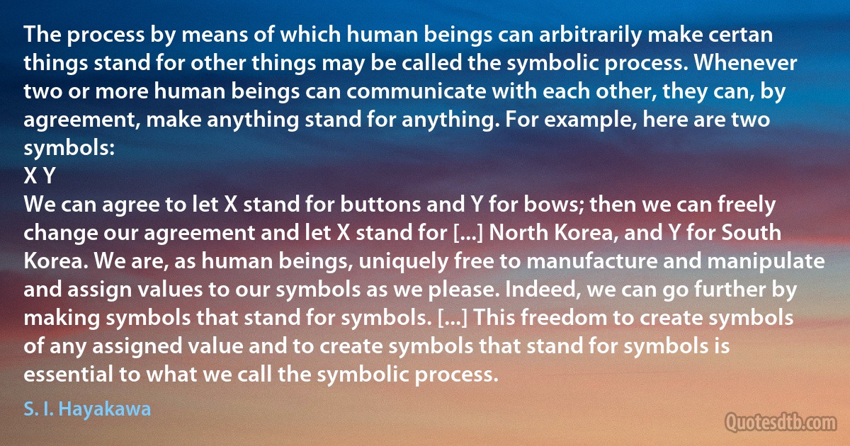 The process by means of which human beings can arbitrarily make certan things stand for other things may be called the symbolic process. Whenever two or more human beings can communicate with each other, they can, by agreement, make anything stand for anything. For example, here are two symbols:
X Y
We can agree to let X stand for buttons and Y for bows; then we can freely change our agreement and let X stand for [...] North Korea, and Y for South Korea. We are, as human beings, uniquely free to manufacture and manipulate and assign values to our symbols as we please. Indeed, we can go further by making symbols that stand for symbols. [...] This freedom to create symbols of any assigned value and to create symbols that stand for symbols is essential to what we call the symbolic process. (S. I. Hayakawa)