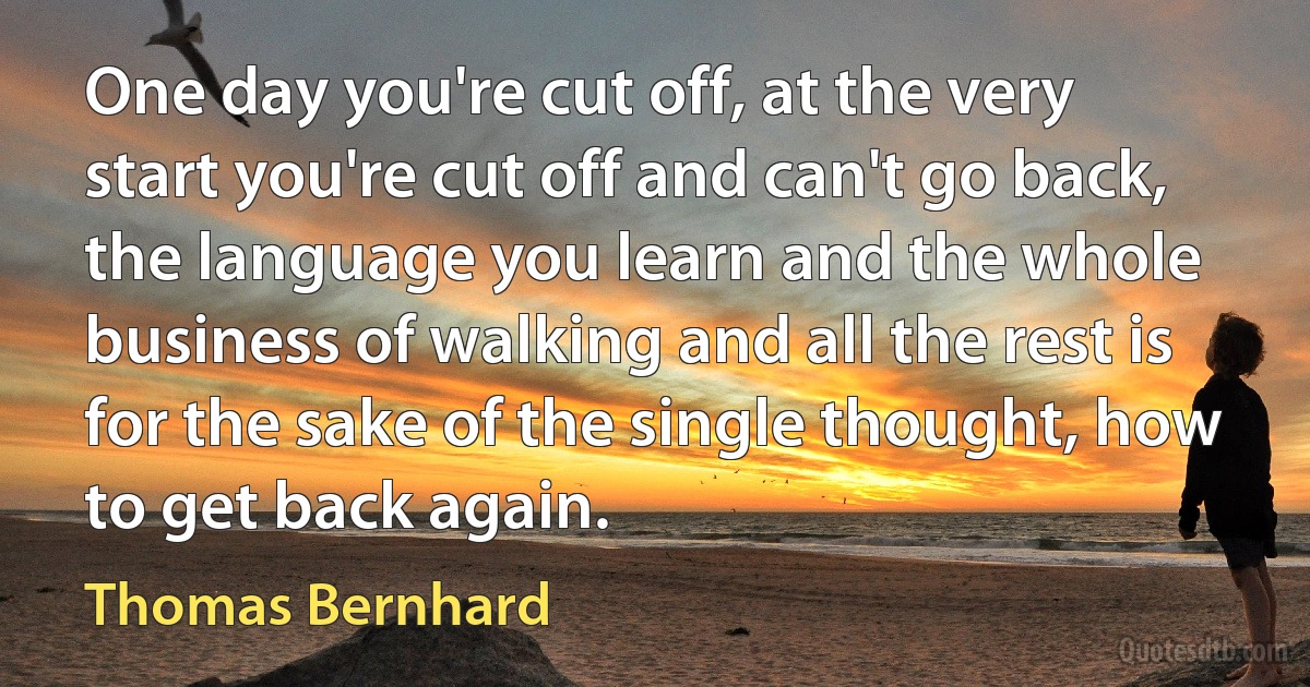 One day you're cut off, at the very start you're cut off and can't go back, the language you learn and the whole business of walking and all the rest is for the sake of the single thought, how to get back again. (Thomas Bernhard)