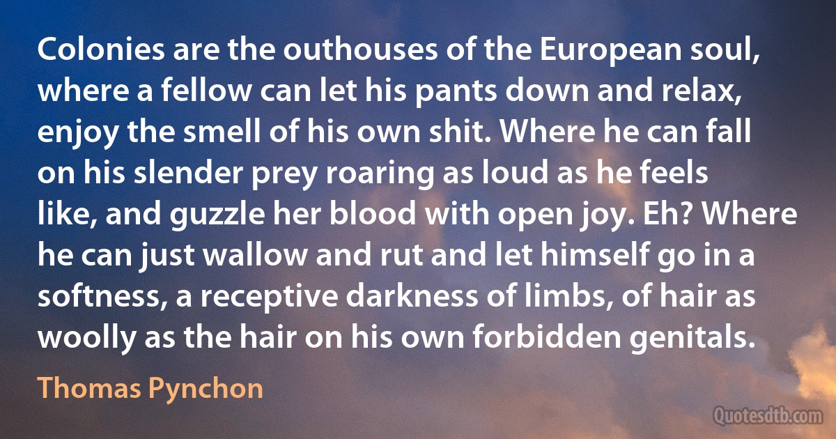 Colonies are the outhouses of the European soul, where a fellow can let his pants down and relax, enjoy the smell of his own shit. Where he can fall on his slender prey roaring as loud as he feels like, and guzzle her blood with open joy. Eh? Where he can just wallow and rut and let himself go in a softness, a receptive darkness of limbs, of hair as woolly as the hair on his own forbidden genitals. (Thomas Pynchon)