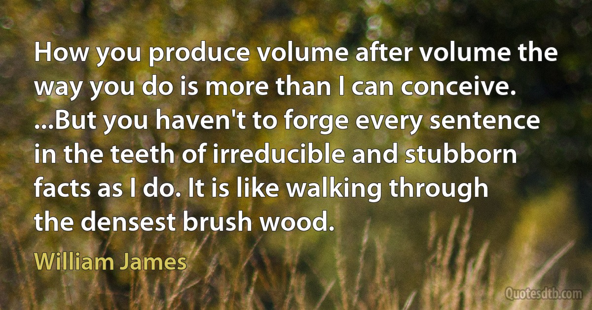 How you produce volume after volume the way you do is more than I can conceive. ...But you haven't to forge every sentence in the teeth of irreducible and stubborn facts as I do. It is like walking through the densest brush wood. (William James)