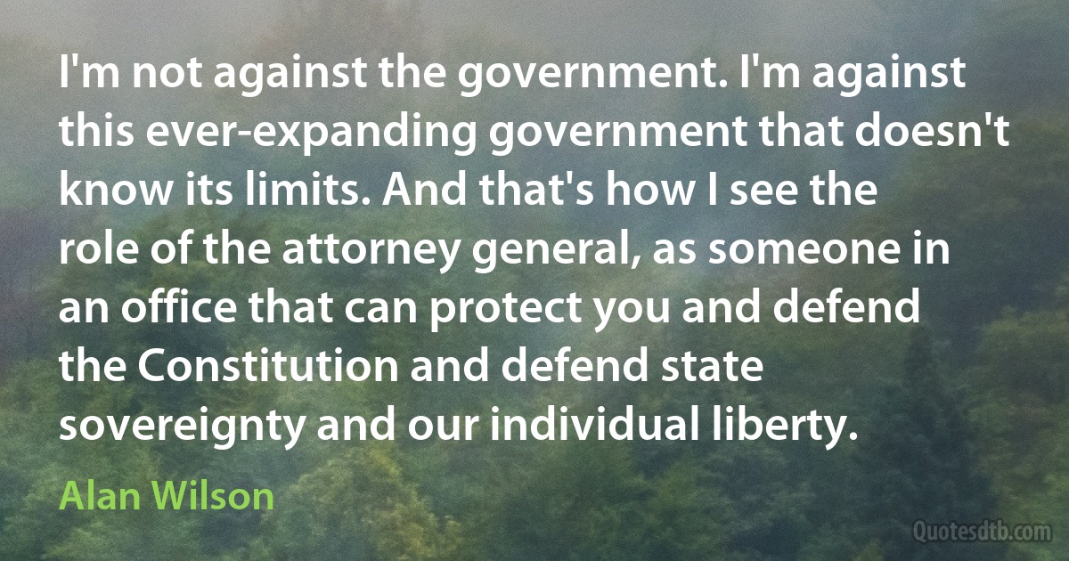 I'm not against the government. I'm against this ever-expanding government that doesn't know its limits. And that's how I see the role of the attorney general, as someone in an office that can protect you and defend the Constitution and defend state sovereignty and our individual liberty. (Alan Wilson)