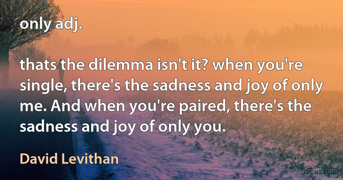 only adj.

thats the dilemma isn't it? when you're single, there's the sadness and joy of only me. And when you're paired, there's the sadness and joy of only you. (David Levithan)