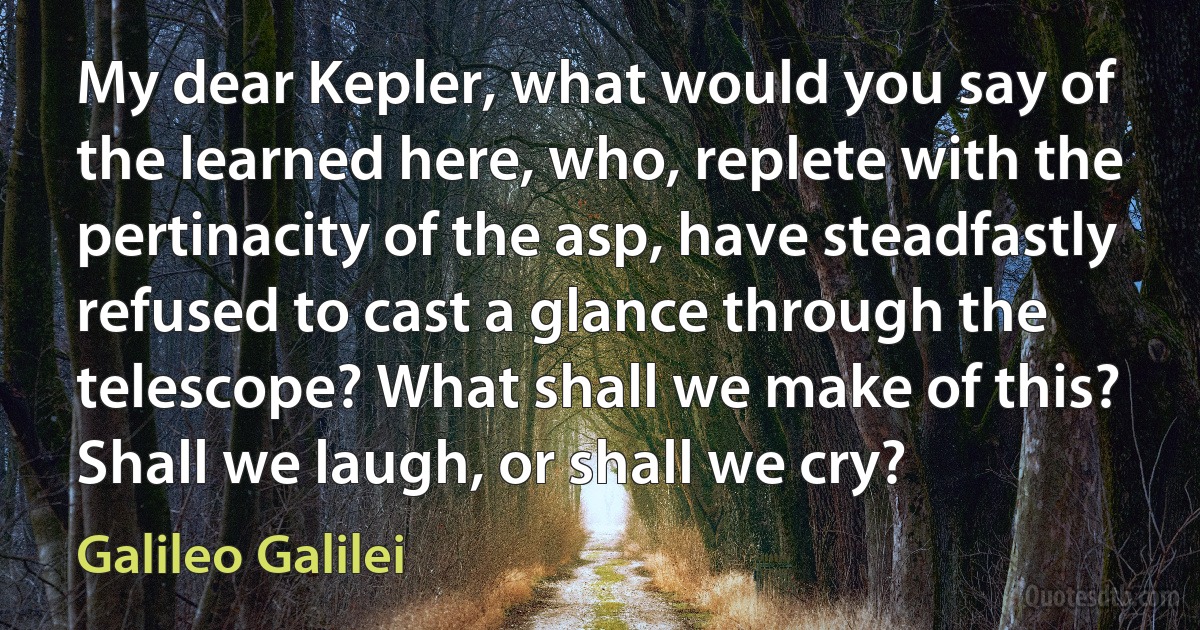 My dear Kepler, what would you say of the learned here, who, replete with the pertinacity of the asp, have steadfastly refused to cast a glance through the telescope? What shall we make of this? Shall we laugh, or shall we cry? (Galileo Galilei)