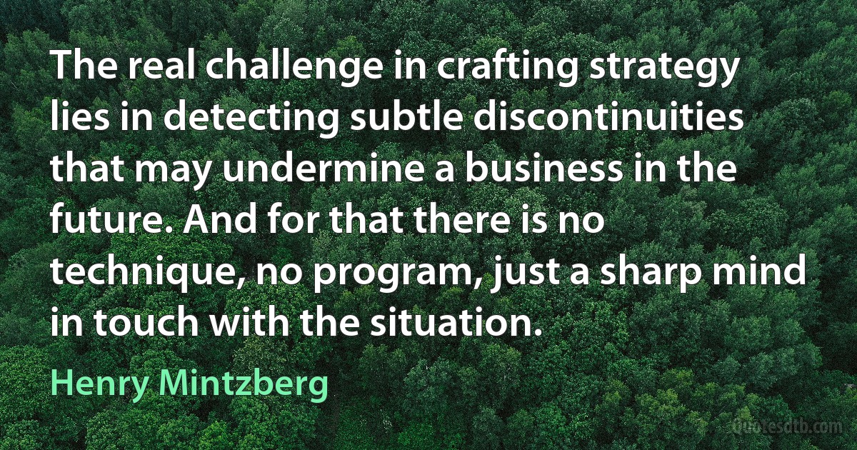 The real challenge in crafting strategy lies in detecting subtle discontinuities that may undermine a business in the future. And for that there is no technique, no program, just a sharp mind in touch with the situation. (Henry Mintzberg)