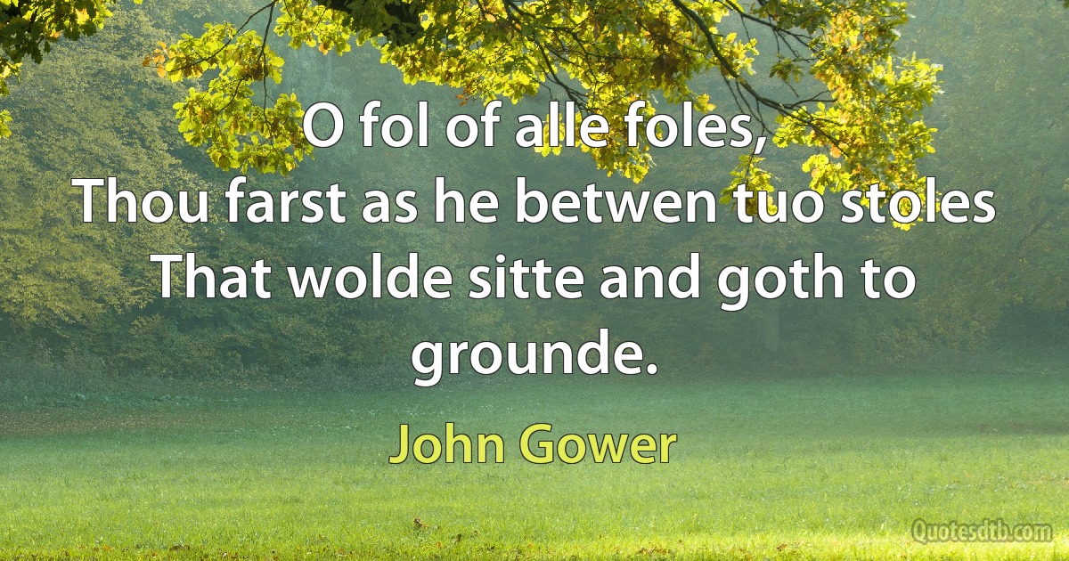 O fol of alle foles,
Thou farst as he betwen tuo stoles
That wolde sitte and goth to grounde. (John Gower)