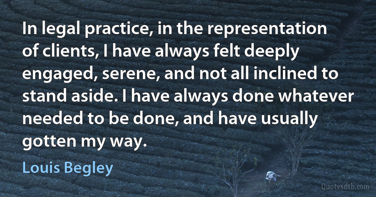 In legal practice, in the representation of clients, I have always felt deeply engaged, serene, and not all inclined to stand aside. I have always done whatever needed to be done, and have usually gotten my way. (Louis Begley)