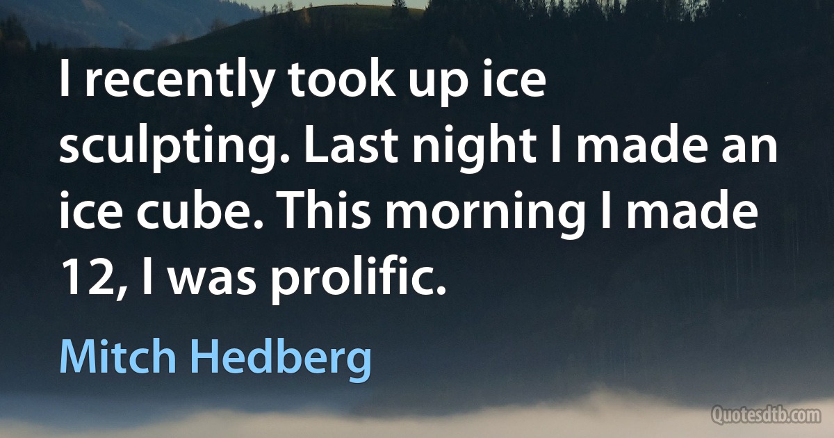 I recently took up ice sculpting. Last night I made an ice cube. This morning I made 12, I was prolific. (Mitch Hedberg)