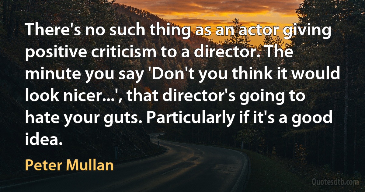 There's no such thing as an actor giving positive criticism to a director. The minute you say 'Don't you think it would look nicer...', that director's going to hate your guts. Particularly if it's a good idea. (Peter Mullan)