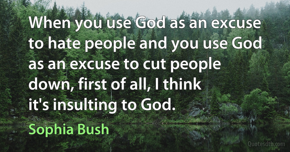 When you use God as an excuse to hate people and you use God as an excuse to cut people down, first of all, I think it's insulting to God. (Sophia Bush)