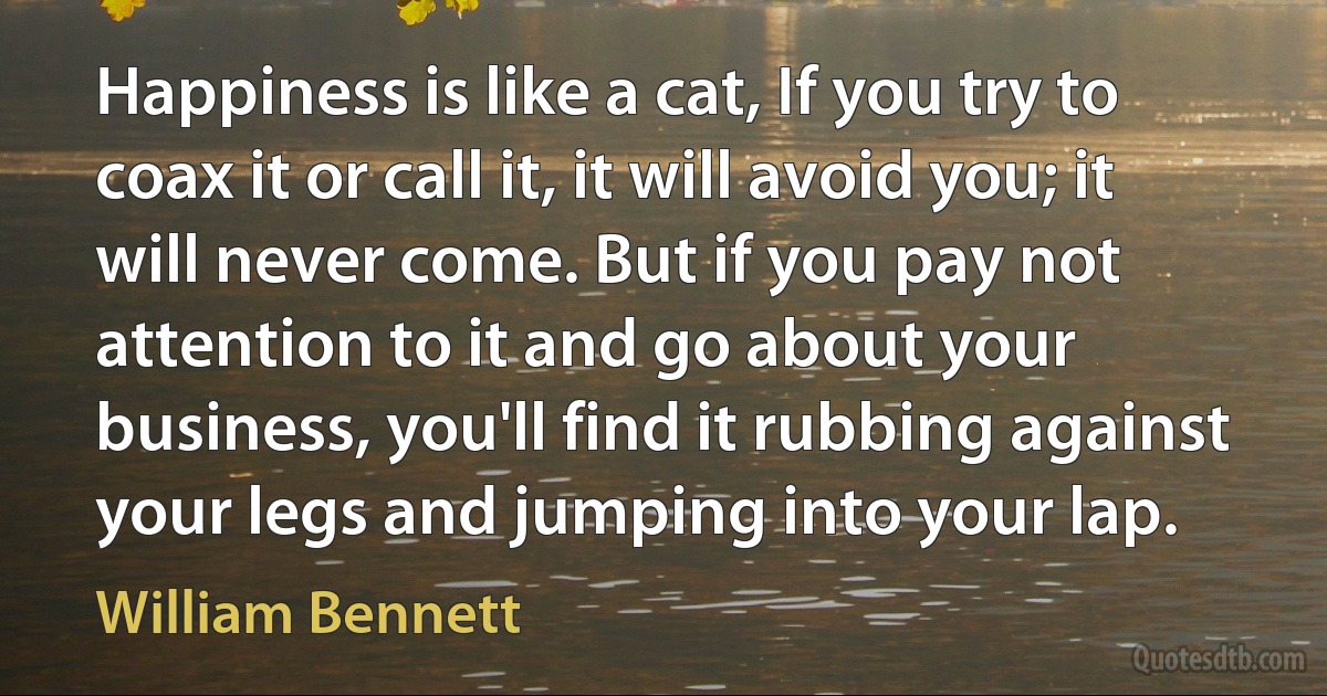 Happiness is like a cat, If you try to coax it or call it, it will avoid you; it will never come. But if you pay not attention to it and go about your business, you'll find it rubbing against your legs and jumping into your lap. (William Bennett)