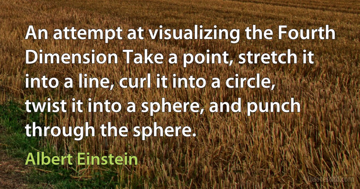 An attempt at visualizing the Fourth Dimension Take a point, stretch it into a line, curl it into a circle, twist it into a sphere, and punch through the sphere. (Albert Einstein)