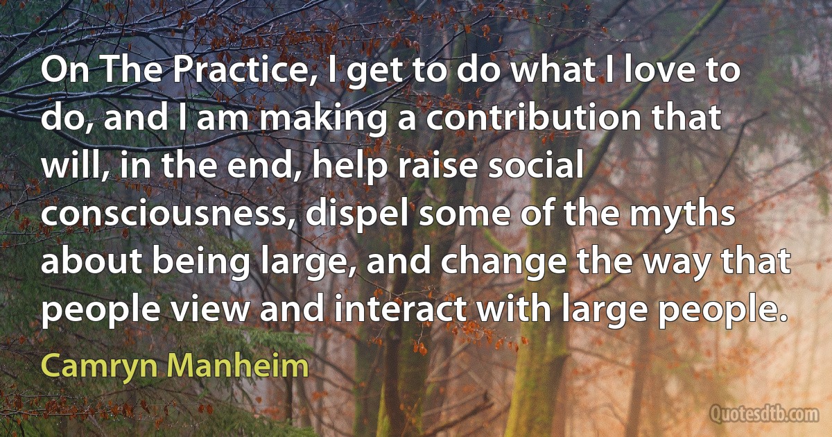 On The Practice, I get to do what I love to do, and I am making a contribution that will, in the end, help raise social consciousness, dispel some of the myths about being large, and change the way that people view and interact with large people. (Camryn Manheim)