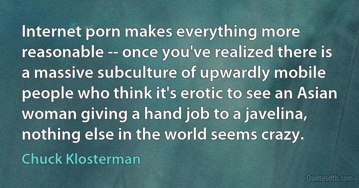 Internet porn makes everything more reasonable -- once you've realized there is a massive subculture of upwardly mobile people who think it's erotic to see an Asian woman giving a hand job to a javelina, nothing else in the world seems crazy. (Chuck Klosterman)