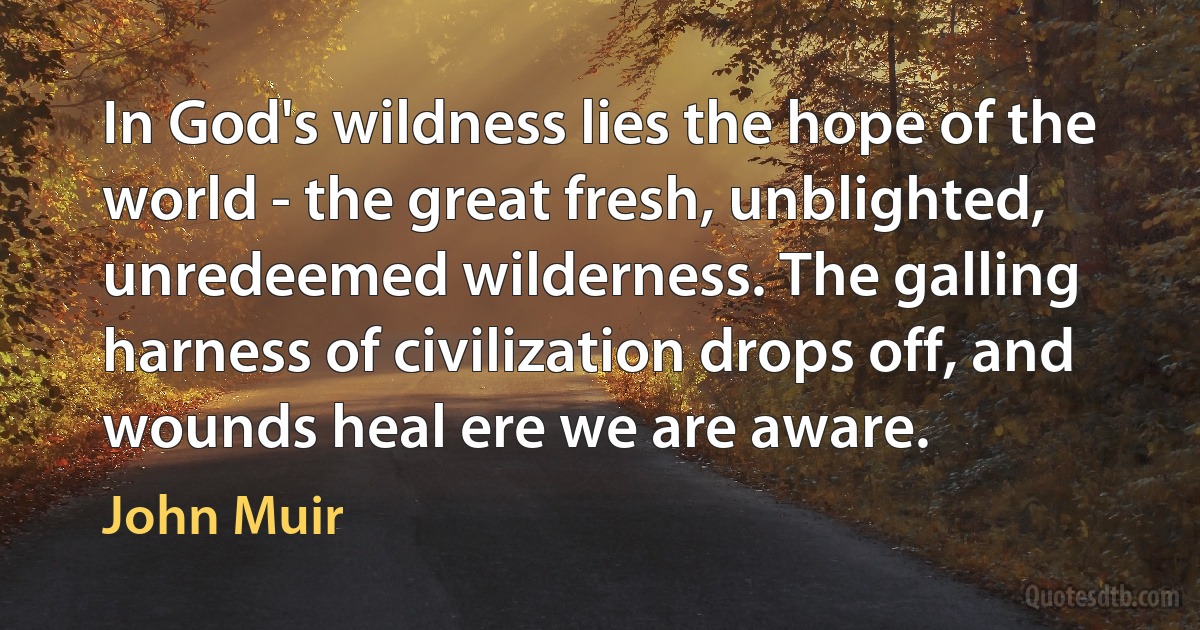 In God's wildness lies the hope of the world - the great fresh, unblighted, unredeemed wilderness. The galling harness of civilization drops off, and wounds heal ere we are aware. (John Muir)