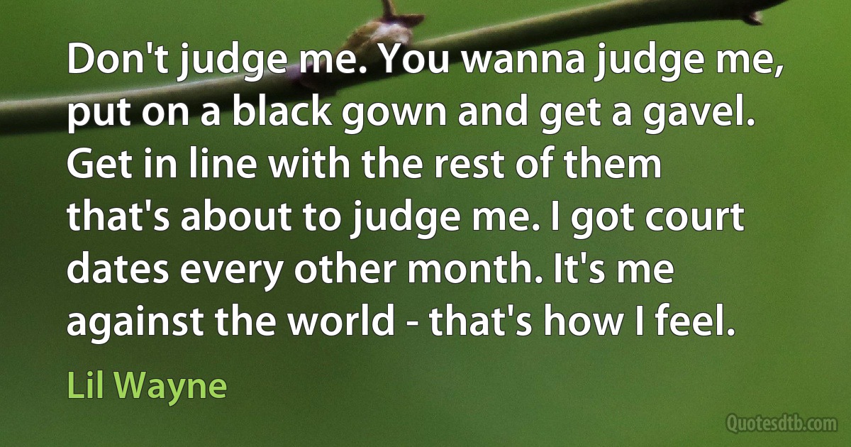 Don't judge me. You wanna judge me, put on a black gown and get a gavel. Get in line with the rest of them that's about to judge me. I got court dates every other month. It's me against the world - that's how I feel. (Lil Wayne)