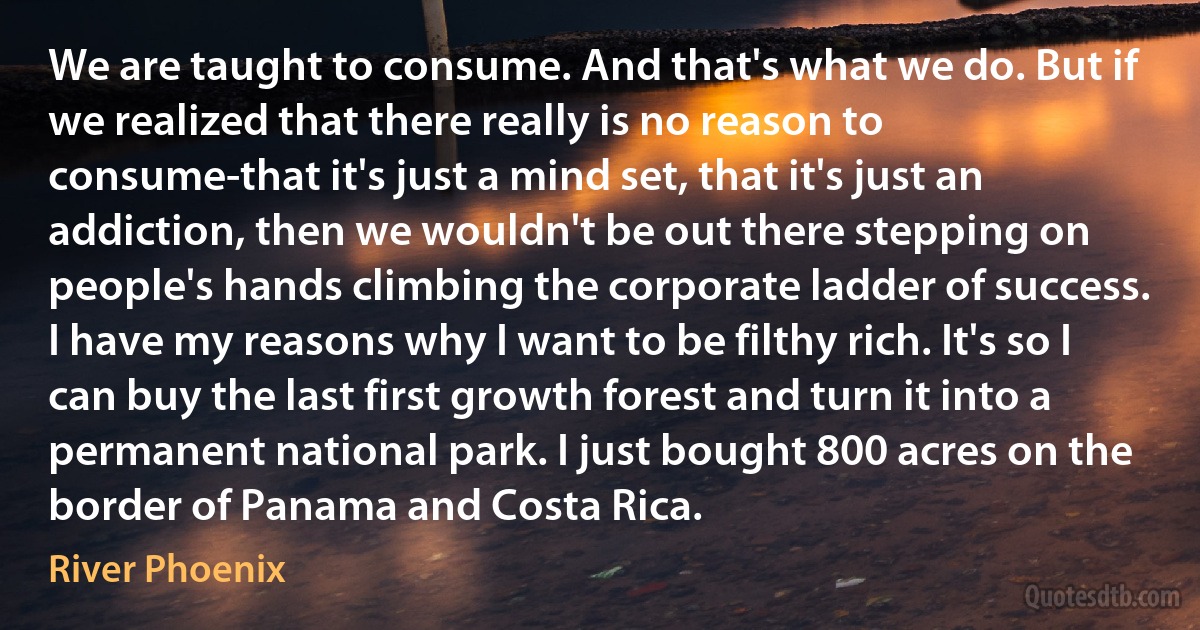 We are taught to consume. And that's what we do. But if we realized that there really is no reason to consume-that it's just a mind set, that it's just an addiction, then we wouldn't be out there stepping on people's hands climbing the corporate ladder of success. I have my reasons why I want to be filthy rich. It's so I can buy the last first growth forest and turn it into a permanent national park. I just bought 800 acres on the border of Panama and Costa Rica. (River Phoenix)