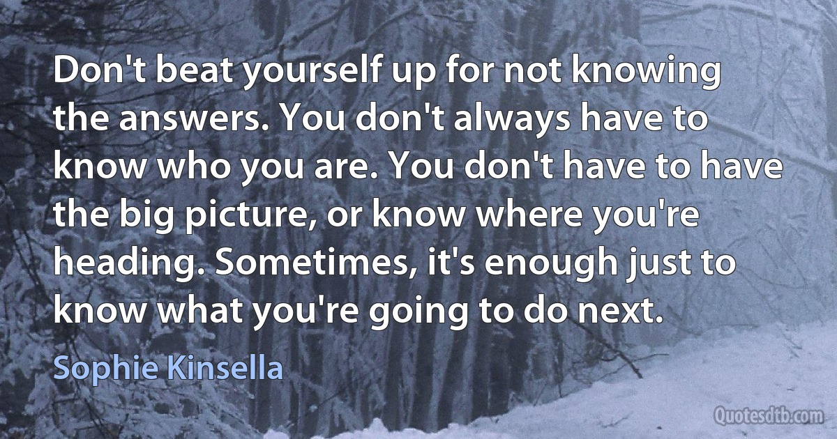 Don't beat yourself up for not knowing the answers. You don't always have to know who you are. You don't have to have the big picture, or know where you're heading. Sometimes, it's enough just to know what you're going to do next. (Sophie Kinsella)