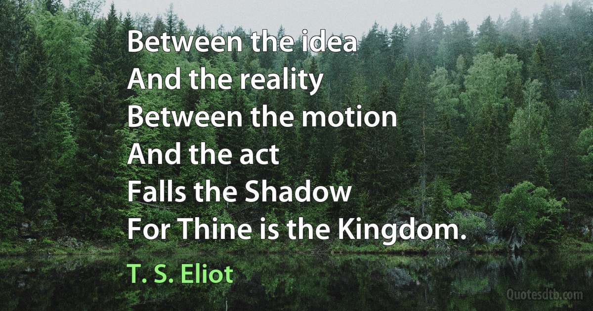 Between the idea
And the reality
Between the motion
And the act
Falls the Shadow
For Thine is the Kingdom. (T. S. Eliot)