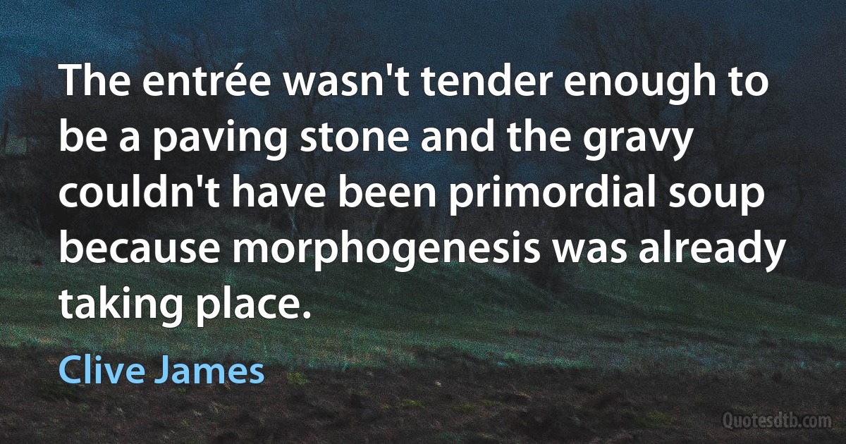 The entrée wasn't tender enough to be a paving stone and the gravy couldn't have been primordial soup because morphogenesis was already taking place. (Clive James)